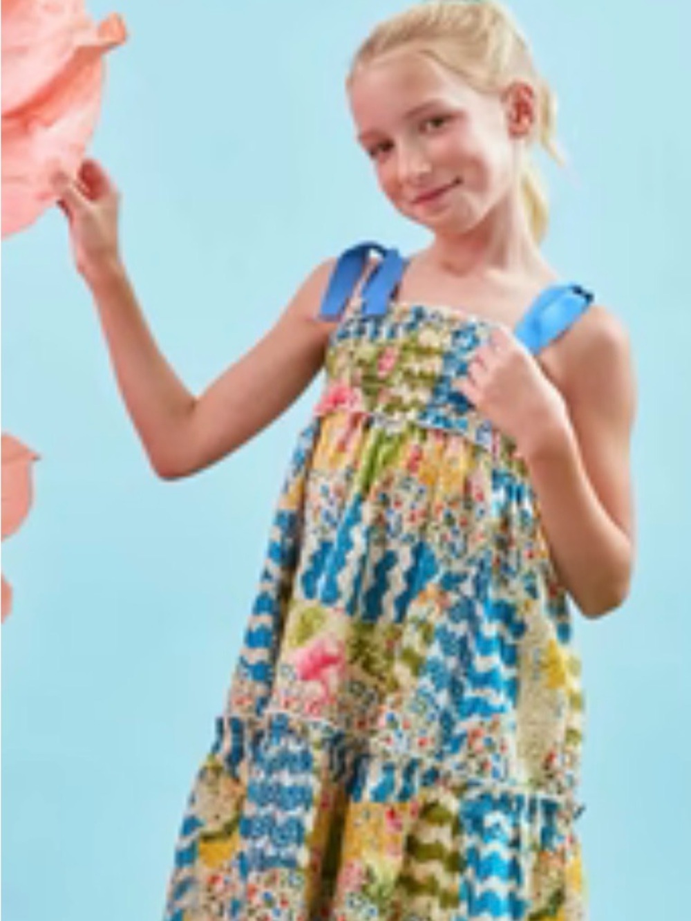 Hunter bell Girls' Blue Floral Patchwork Tiered Dress
